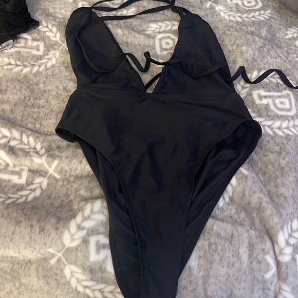 Plunge higg waisted black swim/bathing suit & neon pom pom fringe boho coverup - Picture 11 of 11